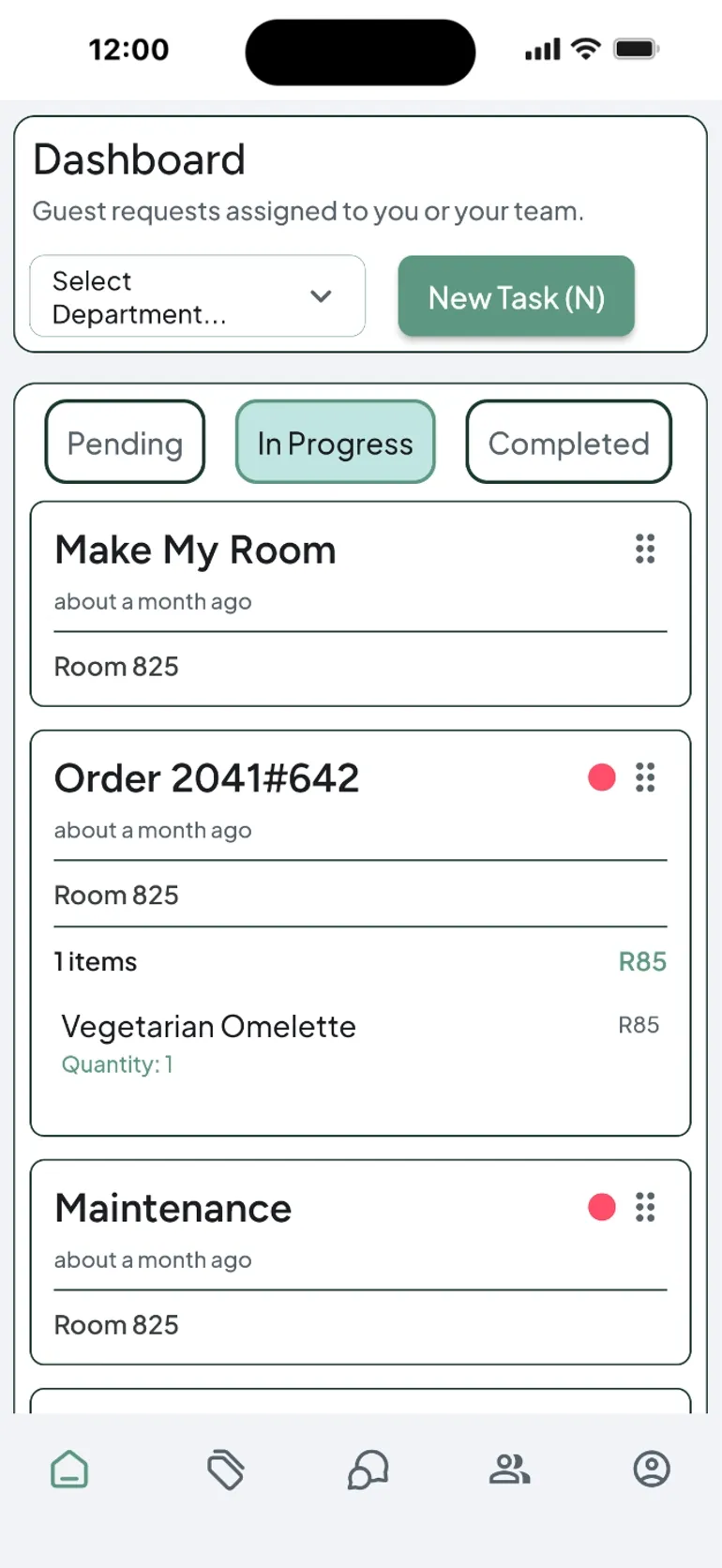 The Intelligent Guest mobile admin portal — staff managing requests on their phone