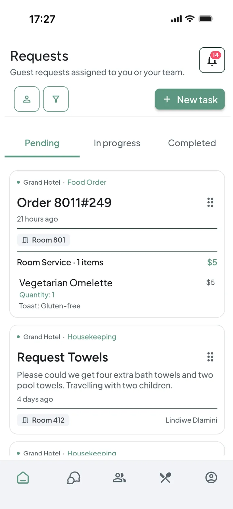 The Intelligent Guest operations dashboard on a phone, staff managing requests on the move