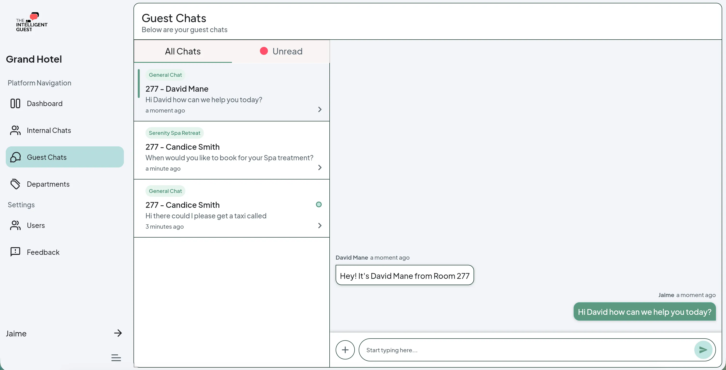 The Intelligent Guest guest chats view for messaging guests directly