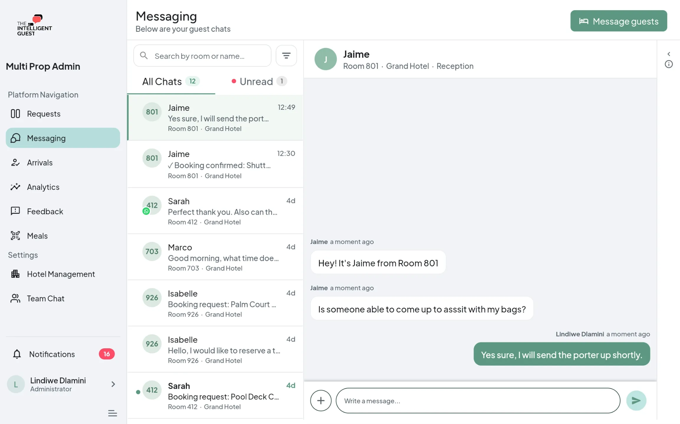 The Intelligent Guest guest chats view for messaging guests directly