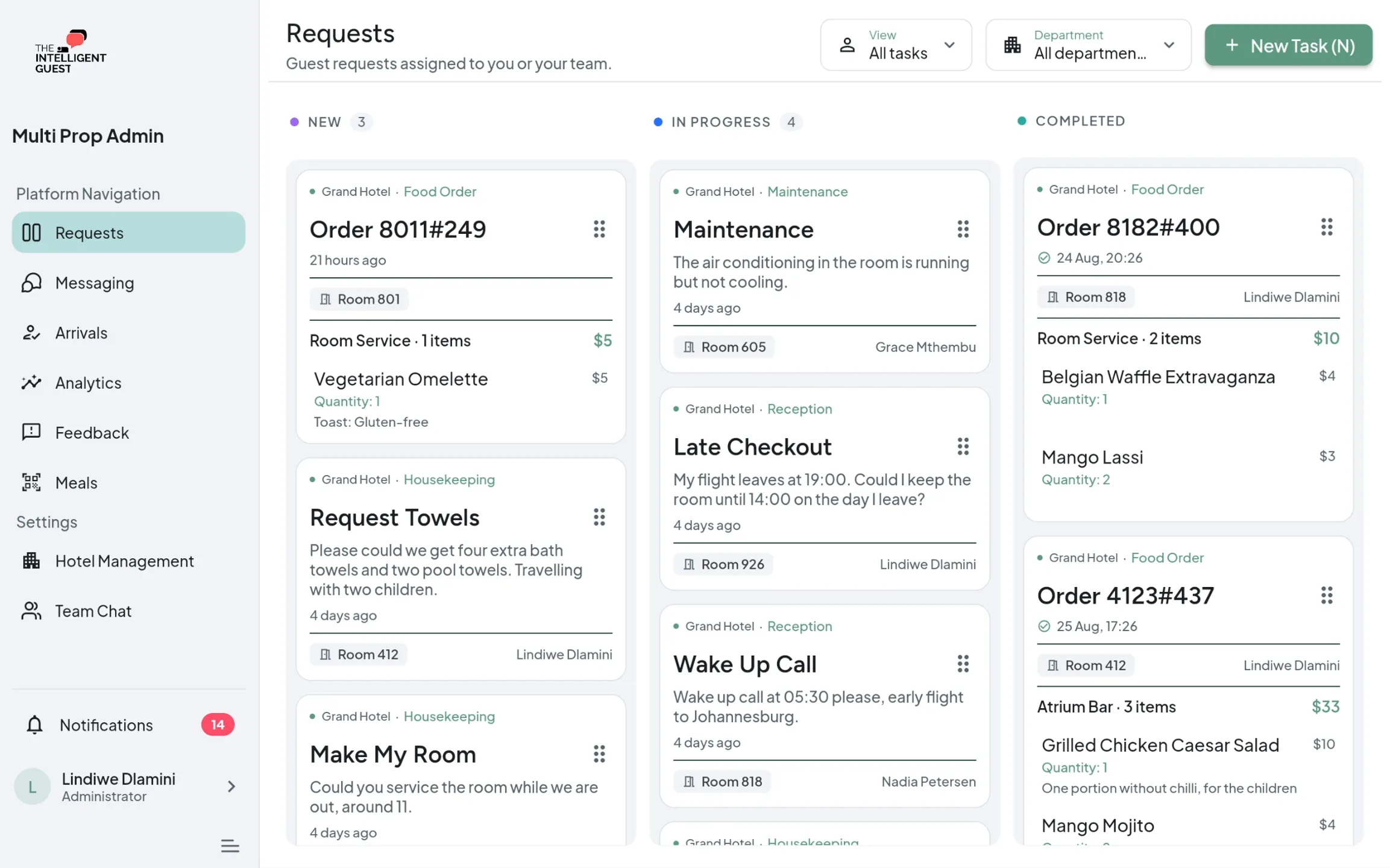 The Intelligent Guest operations dashboard showing real-time guest requests and task management