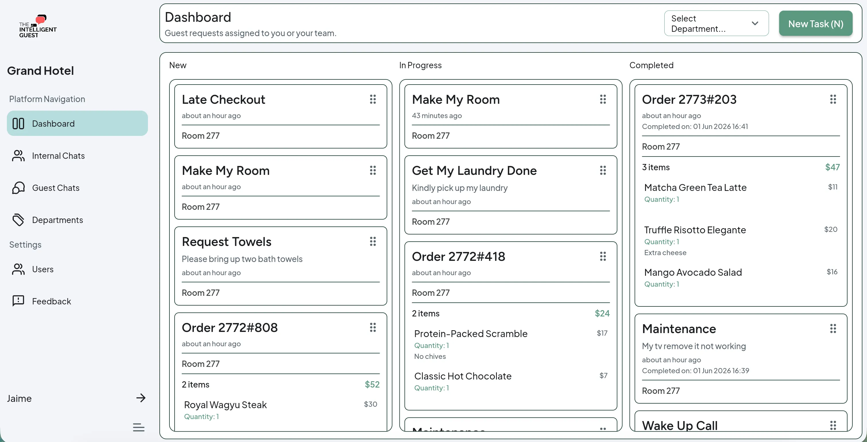 The Intelligent Guest operations dashboard showing real-time guest requests and task management