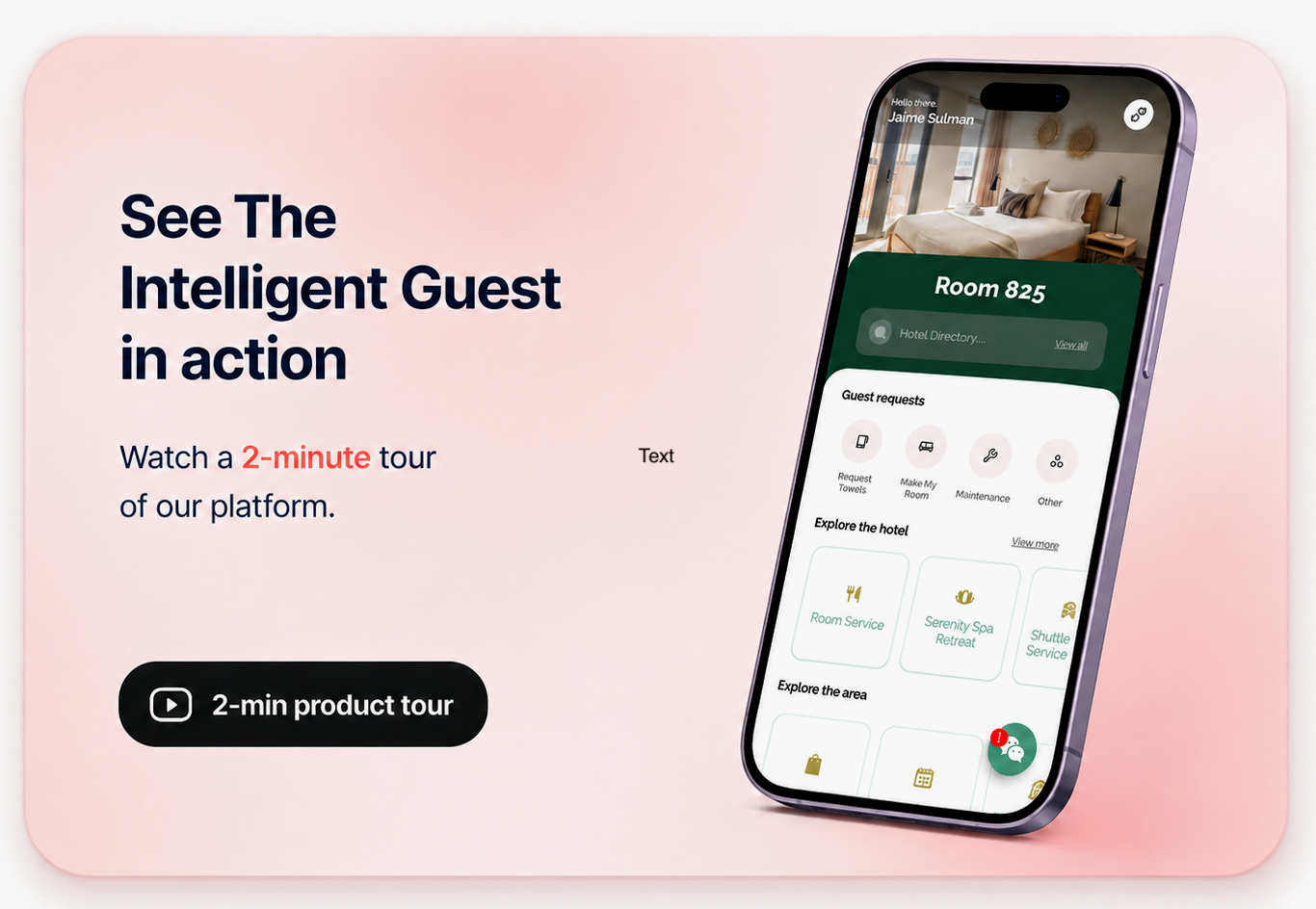 The Intelligent Guest guest app shown on a phone, with room directory, guest requests and hotel services